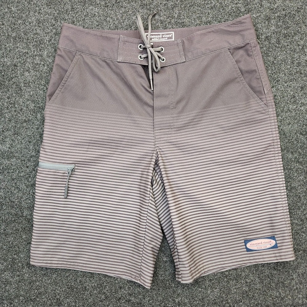 Vineyard Vines Men's 28 Gray Striped Performance Board Swim Trunk Shorts Unlined